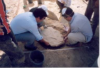 (fase dos trabalhos – levantamento da tampa da sepultura 2)