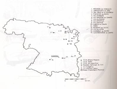 (mapa da distribuição dos centros produtores de cerâmica sigillata da província de Zamora [David Pradales Ciprés;1990: 622]