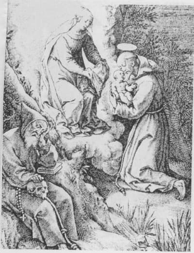 Hieronymus Wierix (c. 1553-1620), São Francisco de Assis com o Menino, gravura de buril.